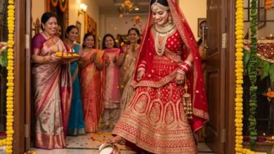 Photo of शादी के बाद दूल्हे के घर में प्रवेश से पहले दुल्हन चावल से भरा कलश क्यों गिराती है?